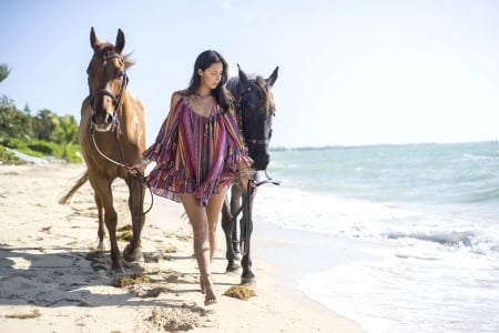 Walk On The Beach . . - women, fun, female, beach, fashion, models, brunettes, ocean, western, sand, girls, cowgirl, style, outdoors, horses