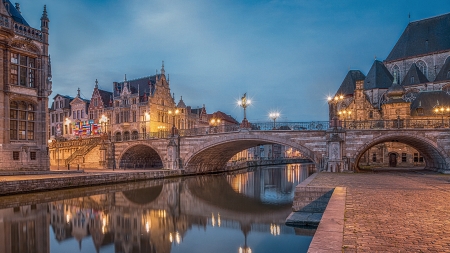 Gent, Belgium - river, lights, city, houses, bridge