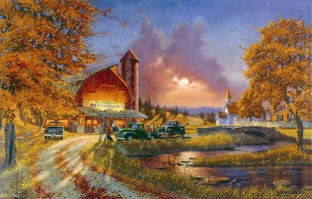 Dinner at the barn - house, pond, paintings, barn, road, country, art, rural