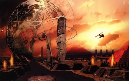 apocalyptic - globe, pyramids, ruins, statue