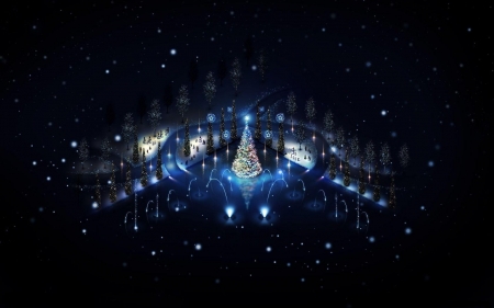 Merry Christmas! - fantasy, black, craciun, tree, luminos, blue, christmas