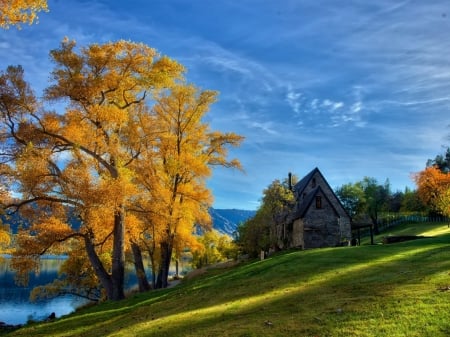 Lake House - house, Lake, nature, sky