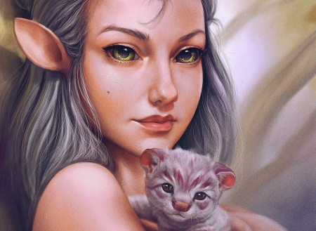 Elf girl with kitten - elf, cat, girl, fawn, pisica, fantasy, kitten, george redreev, face, art, luminos