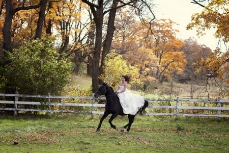 Wedding Day Ride . . - style, girls, horse, western, women, models, ranch, bride, outdoors, brunettes, cowgirl, fence, fun, female, fashion