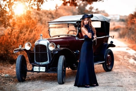 Girl with Car - Girl, retro, car, vintage