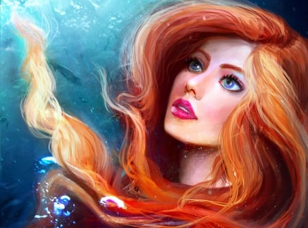 Ariel - water, summer, ariel, blue, girl, sea, fantasy, siren, mermaid, face, art, luminos, abeer malik