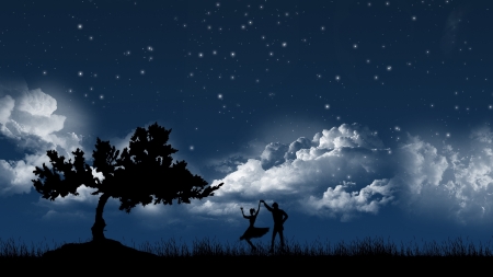 Dancing couple - cloud, black, silhouette, night, blue, sky, fantasy, tree, luminos, couple, dancer