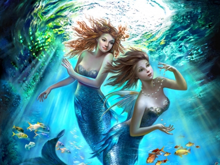 Mermaids - couple, fantasy fairy angel, frumusete, summer, fantasy, underwater, blue, luminos, mermaid, fish, nadia strelkina