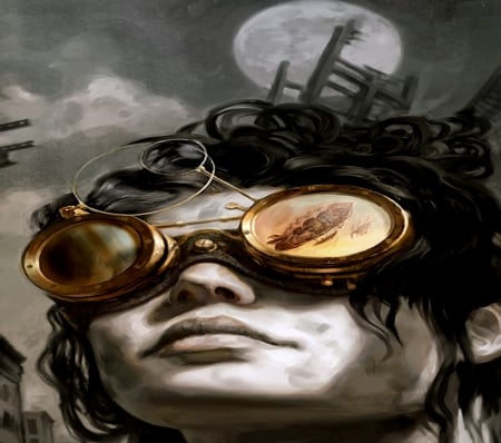 Steampunk - fantasy, glasses, abstract, woman, steampunk