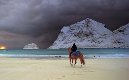 Alaska Cowgirl . . - women, winter, female, boots, beach, brunettes, ocean, western, horse, girls, cowgirl, style, outdoors, Cold