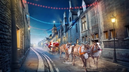 Santa is coming to town - craciun, reindeer, street, luminos, fantasy, christmas