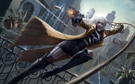 Atomic Blonde - black, comics, fantasy, gun, atomic blonde, girl, art, luminos