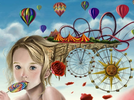 Childhood - fantasy, lollipop, girl, blonde, art, carousel park