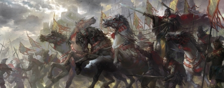 Attack - warrior, horse, fantasy, battle, luminos, art