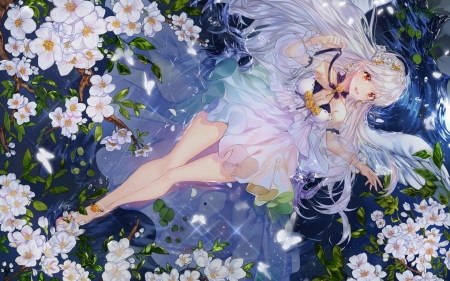 Girl - manga, anime, white, kimpeul, blue, green, girl, flower