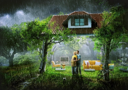 Rainy day - house, creative, child, family, tree, fantasy, green, rain, mother, luminos, father