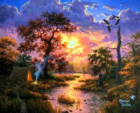 The Best Day - clouds, trees, attractions in dreams, rivers, flying birds, paintings, fall season, campfire, forests, nature, autumn, love four seasons, sky