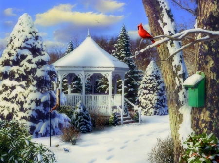 Wings of Hope - love four seasons, winter, cardinals, xmas and new year, attractions in dreams, winter holidays, holidays, white trees, christmas, gazebo, nature, paintings, snow