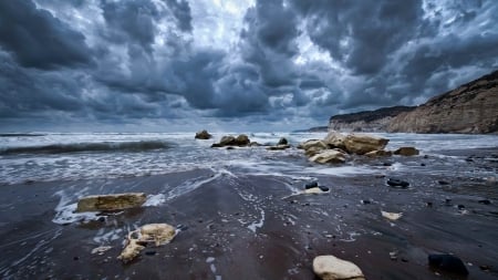 Lovely Kourio Beach,Cyprus - clouds, kourio, nature, beach, sea, rocks, sky