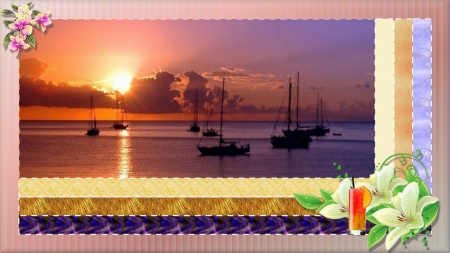 Tequila Sunrise - boats, quilt, flowers, sunrise