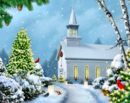 Christmas Eve - attractions in dreams, xmas and new year, winter, christmas trees, christmas, nature, cardinals, love four seasons, holidays, winter holidays, snow, churches, paintings