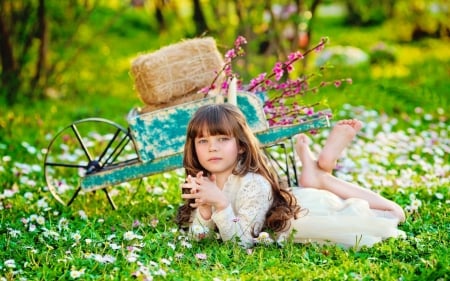 Little girl - white, girl, blue, green, child, copil, flower, spring