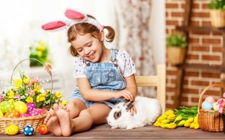 Happy Easter! - girl, easter, child, copil, bunny, rabbit, egg, cute, flower