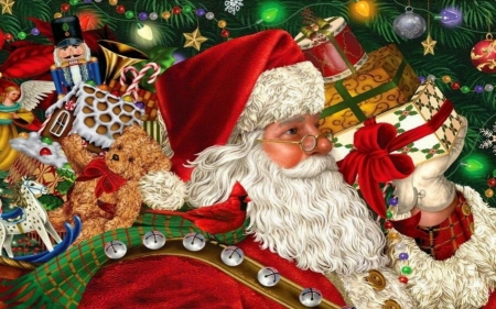 Santa Claus - old man, tree, santa claus, christmas, fantasy, craciun, red, gift, luminos