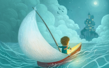 A boy's adventure - moon, night, water, summer, fantasy, art, cloud, castle, blue, luminos, luna, sea, boat