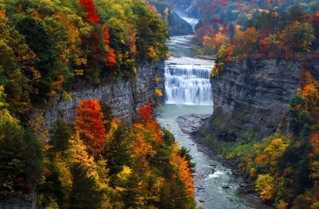 Rocks waterfall in autumn - view, autumn, fall, trees, forest, beautiful, waterfall, rocks