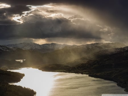 Sun and Rain Together - clouds, nature, rain, lake, sun