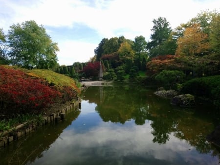 Autumn - river, trees, nature, japanese, park, autumn