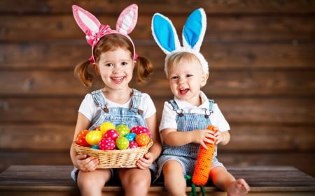 Happy Easter! - couple, girl, easter, copil, basket, bunny, ears, wood, children, pink, blue, boy, card, cute