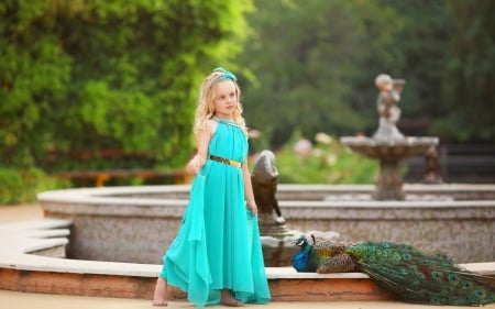 Little girl and peacock - girl, summer, child, copil, pasare, bird, peacock, paun, blue, dress