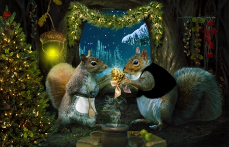 New Year's gift - tree, veverita, fantasy, lubov2001, craciun, new year, gift, couple, squirrel, luminos