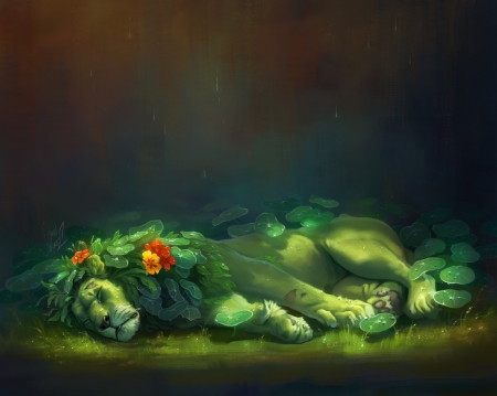 Still hope - tamberella, lion, leu, fantasy, art, sleep, luminos, orange, green, animal, flower