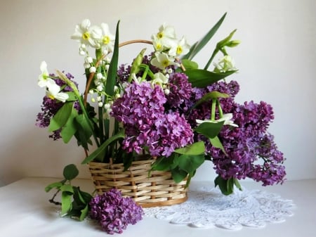 BASKET OF LOVELY LILACS - LILACS, IMAGE, BASKET, FLOWERS