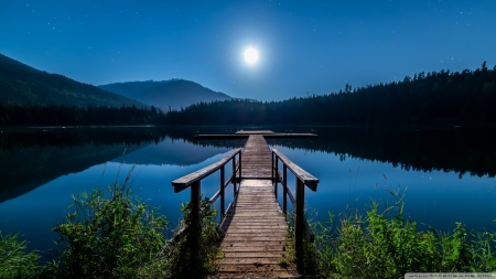 Lost Lake Whistler,British Colombia,Canada - moon, nature, lake, pier, trees, whistler, night, mountains