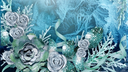 Winter Shine - roses, winter, blue, ice, Firefox Persona theme, holiday, frost, Christmas, shine