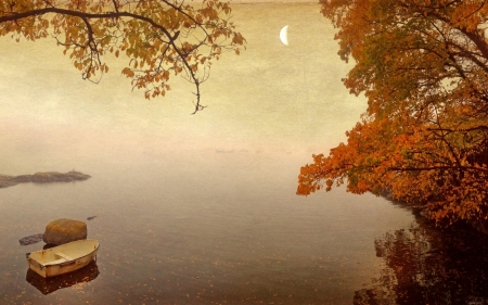 November Morning - moon, nature, lake, trees, reflection, mist