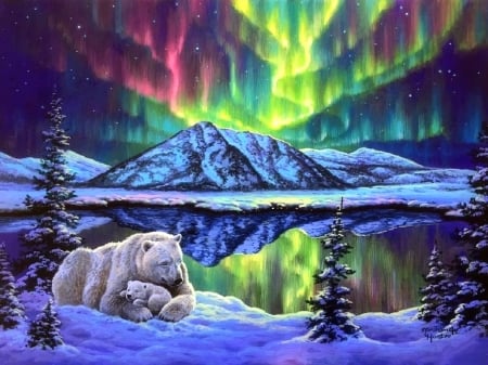 Winter's Aurora - mountains, love four seasons, winter, xmas and new year, attractions in dreams, winter holidays, bears, holidays, northern light, christmas, aurora, sky, nature, paintings, snow