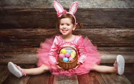 Happy Easter! - girl, easter, basket, child, copil, bunny, ears, card, egg, ballerina