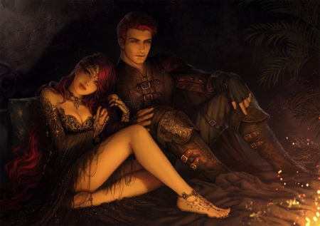 Eura and Feirdon - couple, girl, fantasy, dark, man, luminos, orange, feirdon, ina wong, eura