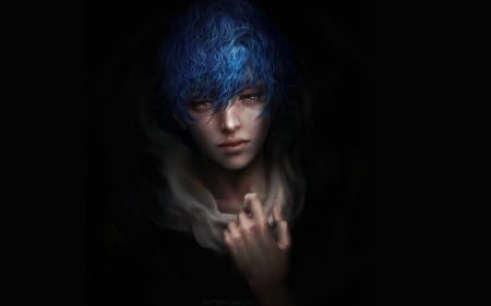 Guy - anime, blue, minimalistic, black, manga, fantasy, hand, face, luminos