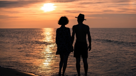 Sunset - woman, silhouette, couple, hat, water, summer, sunset, black, lovers, man, orange, sea