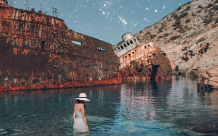 The Island of Amorgos, Greece - water, summer, blue, girl, greece, sea, island of amorgos, orange