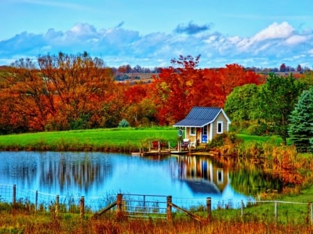 Lakeside House - sky, autumn, lake, trees, calm, nature, fall, reflection, house, pond