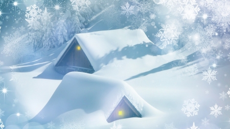 Blue Winter - houses, roofs, winter, snowflakes, snowed in, snow, blue, firefox persona theme, lights