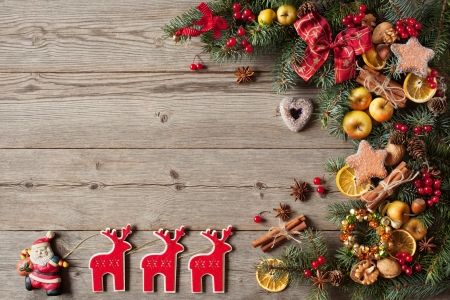 Merry Christmas! - wood, deco, christmas, santa, craciun, red, fruit, card, apple, texture, reindeer, lemon