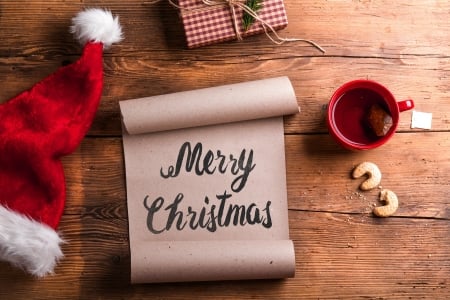 Merry Christmas! - craciun, hat, tea, christmas, cup, wood, white, red, card